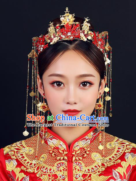 Traditional Chinese Wedding Red Leaf Phoenix Coronet Handmade Ancient Bride Hairpins Hair Accessories Complete Set