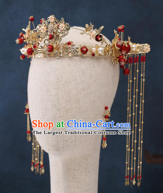 Traditional Chinese Wedding Handmade Red Beads Phoenix Coronet Ancient Bride Hairpins Hair Accessories Complete Set