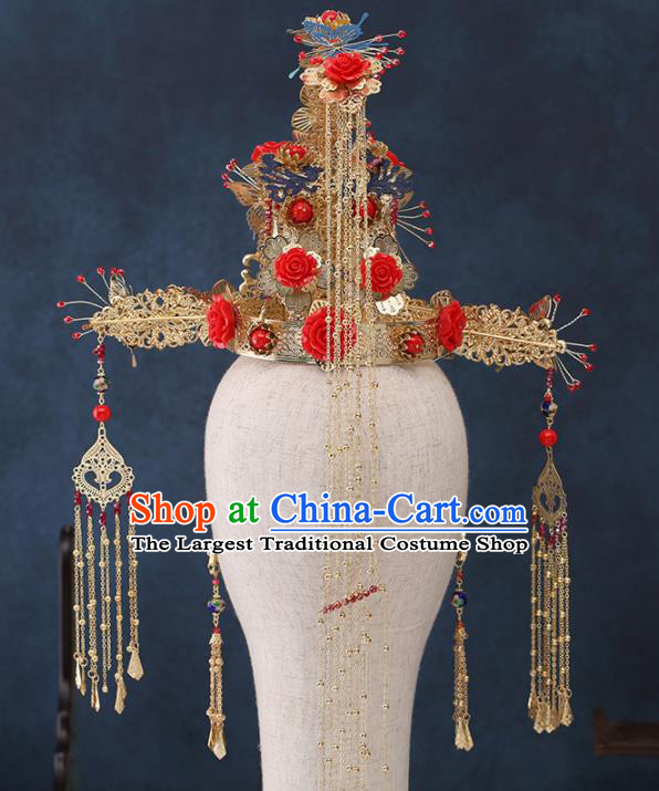 Traditional Chinese Wedding Handmade Red Roses Phoenix Coronet Ancient Bride Hairpins Hair Accessories Complete Set