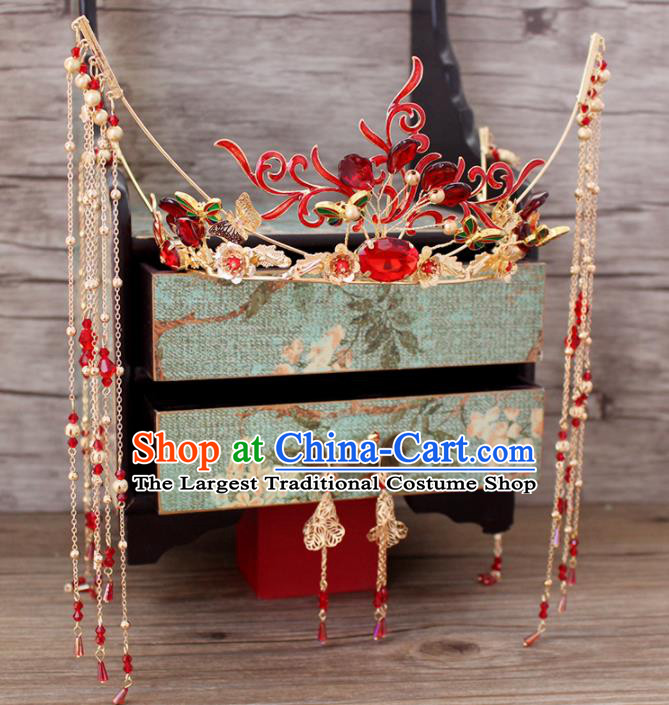 Traditional Chinese Wedding Handmade Red Phoenix Coronet Ancient Bride Hairpins Hair Accessories Complete Set