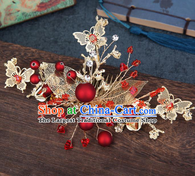 Traditional Chinese Wedding Handmade Red Beads Hair Comb Ancient Bride Hairpins Hair Accessories Complete Set