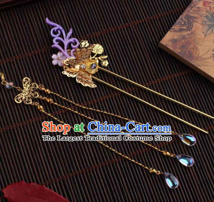 Traditional Chinese Hanfu Golden Butterfly Tassel Hair Clip Ancient Court Princess Hairpins Handmade Hair Accessories for Women