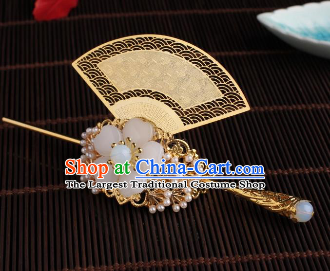 Traditional Chinese Hanfu Golden Fan Hair Crown Ancient Court Princess Hairpins Handmade Hair Accessories for Women
