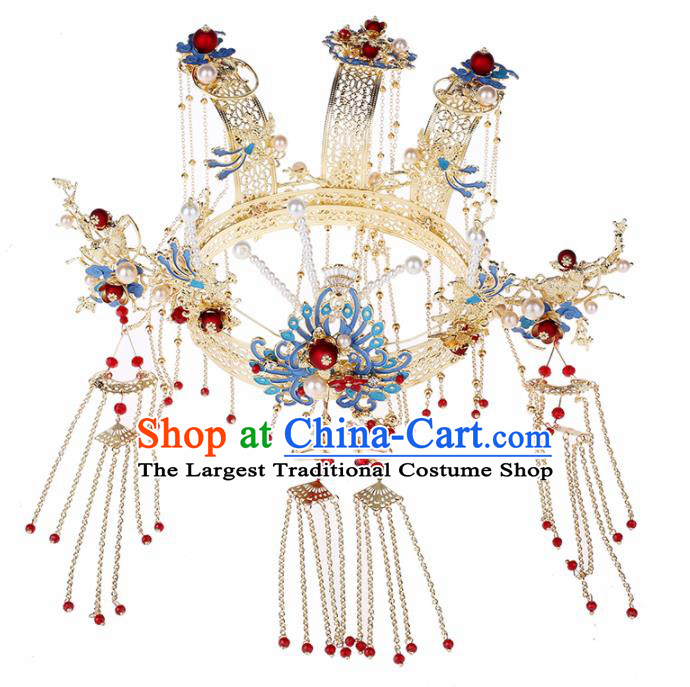 Traditional Chinese Wedding Handmade Blue Phoenix Coronet Ancient Bride Hairpins Hair Accessories Complete Set