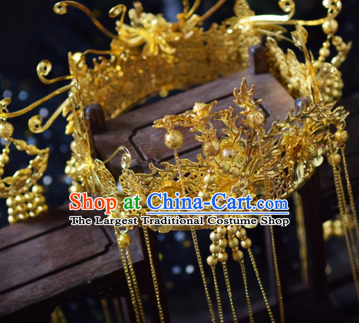 Traditional Chinese Handmade Golden Tassel Phoenix Coronet Ancient Wedding Bride Hairpins Hair Accessories for Women