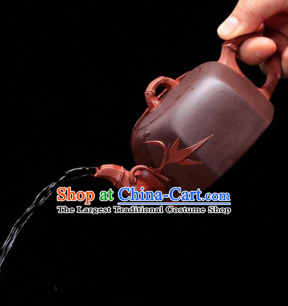 Traditional Chinese Handmade Carving Bamboo Zisha Teapot Dark Red Clay Pottery Teapot