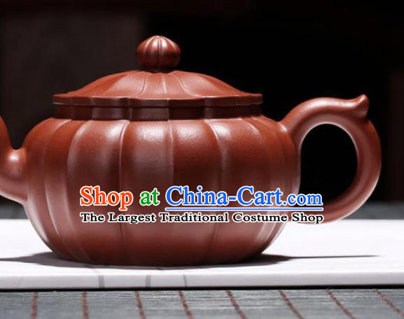 Traditional Chinese Handmade Carving Chrysanthemum Zisha Teapot Dark Red Clay Pottery Teapot