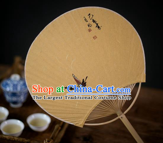 Traditional Chinese Handmade Yellow Paper Palace Fans Ink Painting Butterfly Fans