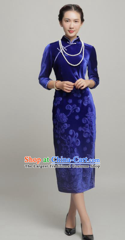 Chinese Traditional Classical Royalblue Velvet Cheongsam National Tang Suit Qipao Dress for Women
