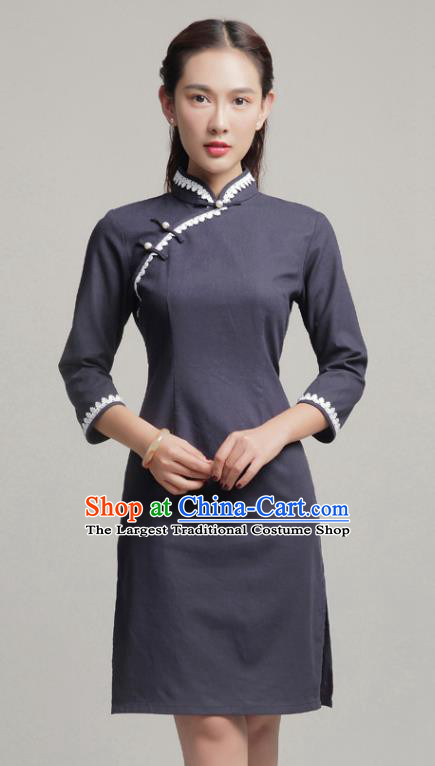 Chinese Traditional Classical Navy Short Cheongsam National Tang Suit Qipao Dress for Women