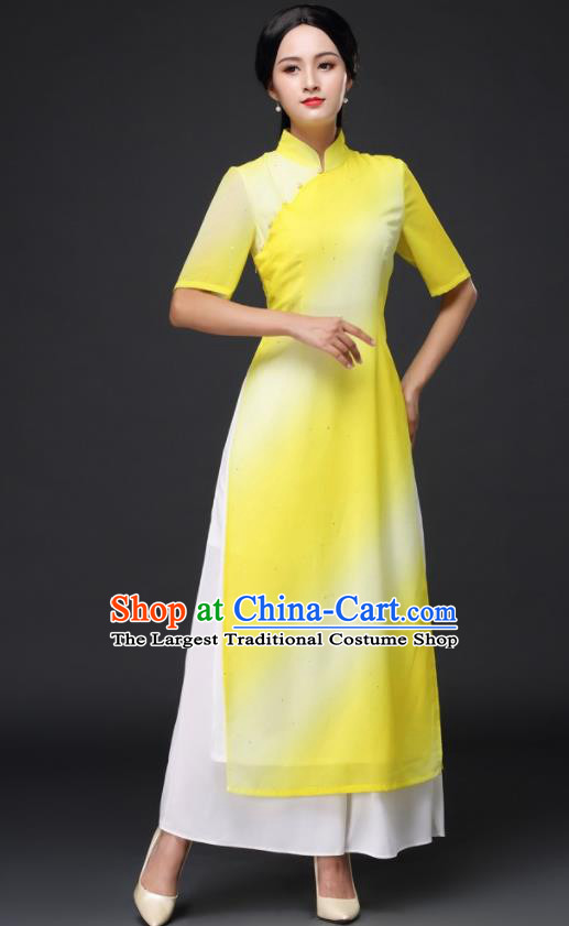 Chinese Traditional Classical Dance Yellow Cheongsam National Costume Tang Suit Qipao Dress for Women
