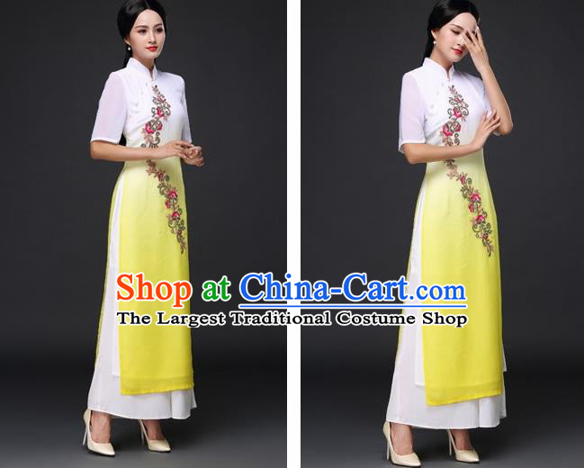 Traditional Chinese Classical Dance Yellow Cheongsam National Costume Tang Suit Qipao Dress for Women
