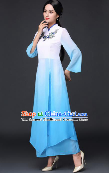 Traditional Chinese Classical Umbrella Dance Blue Cheongsam National Costume Tang Suit Qipao Dress for Women