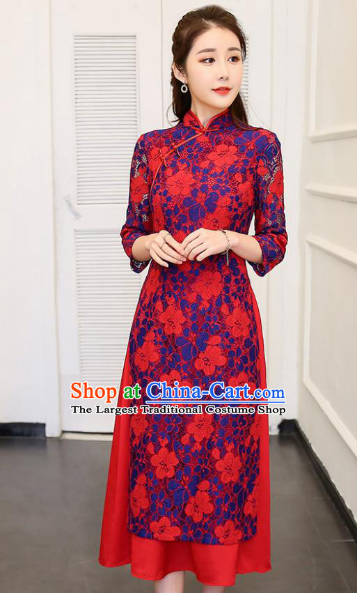 Traditional Chinese Classical Dance Red Cheongsam National Costume Tang Suit Qipao Dress for Women