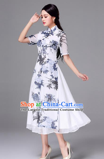 Traditional Chinese Classical Printing Bamboo Cheongsam National Costume Tang Suit Qipao Dress for Women
