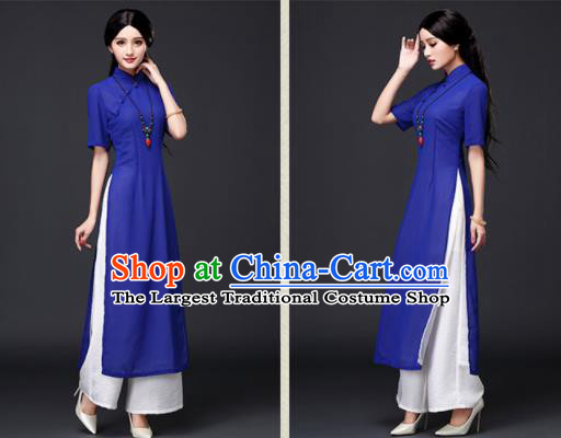 Traditional Chinese Classical Royalblue Veil Cheongsam National Costume Tang Suit Qipao Dress for Women