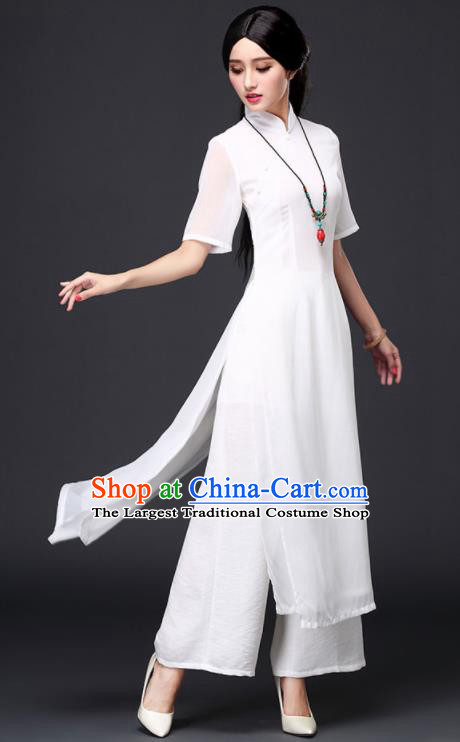Traditional Chinese Classical White Veil Cheongsam National Costume Tang Suit Qipao Dress for Women