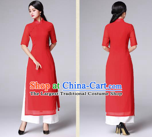 Traditional Chinese Classical Red Veil Cheongsam National Costume Tang Suit Qipao Dress for Women