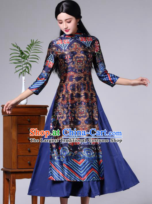 Traditional Chinese Classical Printing Dragons Royalblue Cheongsam National Costume Tang Suit Qipao Dress for Women