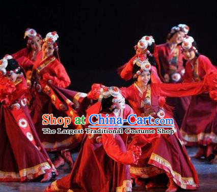 Traditional Chinese Zang Nationality Dance Costume Tibetan Ethnic Stage Show Red Dress for Women