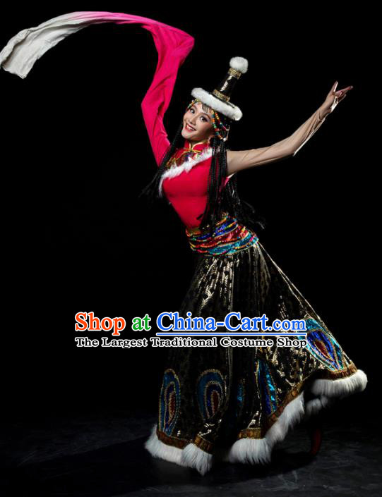 Traditional Chinese Zang Nationality Tangola Dance Dress Tibetan Ethnic Dance Stage Show Costume for Women
