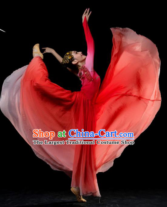 Traditional Chinese Classical Dance Red Costumes Umbrella Dance Stage Show Dress for Women