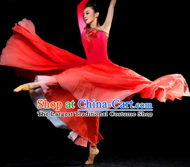 Traditional Chinese Classical Dance Red Costumes Umbrella Dance Stage Show Dress for Women