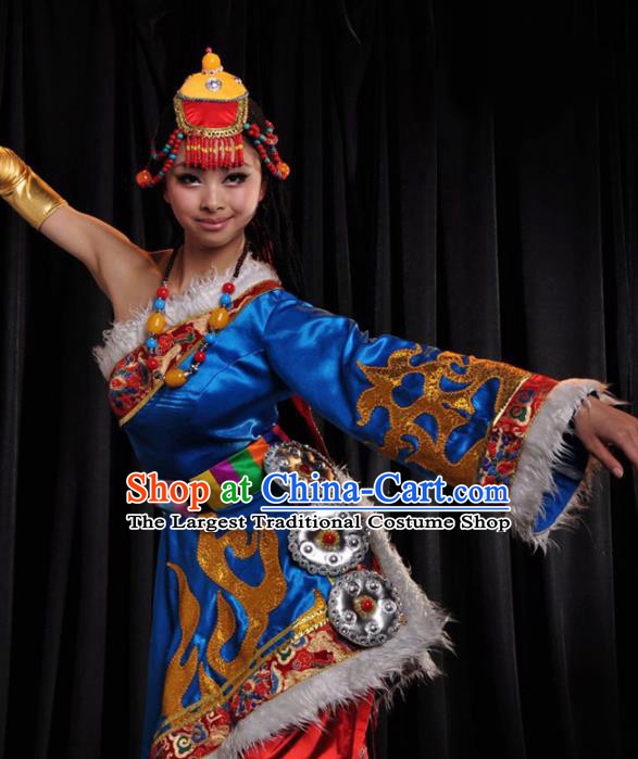 Traditional Chinese Zang Nationality Royalblue Costume Tibetan Ethnic Dance Stage Show Dress for Women