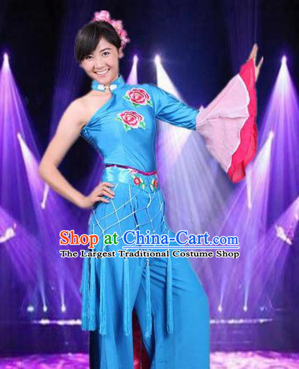 Traditional Chinese Folk Dance Blue Costume Fan Dance Stage Show Dress for Women