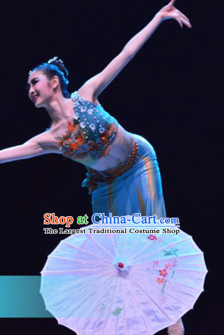 Traditional Chinese Dai Nationality Dance Blue Dress Ethnic Umbrella Dance Stage Show Costume for Women
