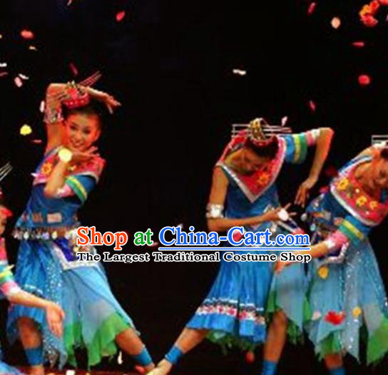 Traditional Chinese Miao Nationality Dance Costume Ethnic Stage Show Blue Dress for Women