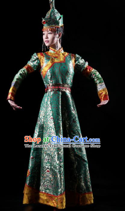 Traditional Chinese Mongolian Nationality Green Costume Mongol Ethnic Dance Stage Show Dress for Women