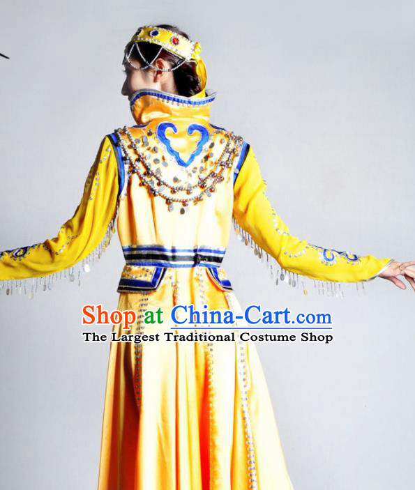 Traditional Chinese Mongolian Nationality Yellow Costume Mongol Ethnic Dance Stage Show Dress for Women