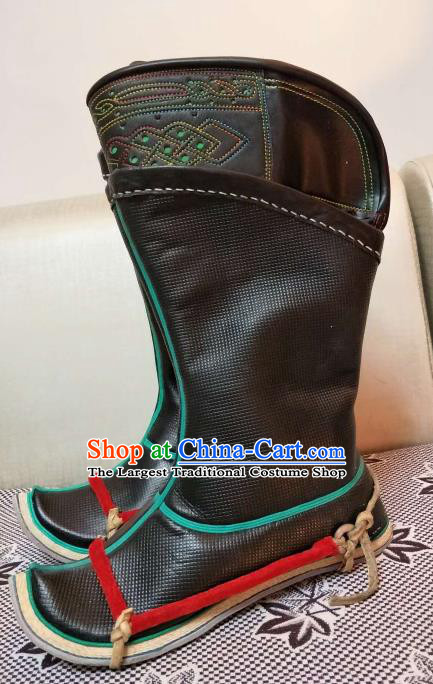 Chinese Traditional Mongol Nationality Black Boots Mongolian Ethnic Leather Riding Boots for Men