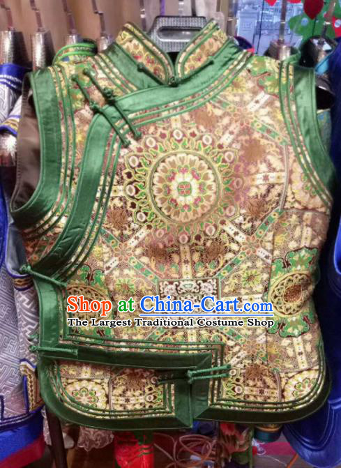 Traditional Chinese Mongol Nationality Deep Green Brocade Vest Mongolian Ethnic Stage Show Costume for Women