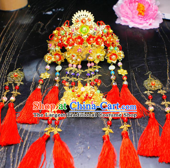 Chinese Traditional Wedding Red Tassel Hair Comb Hairpins Ancient Bride Hair Accessories for Women