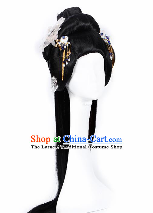 Chinese Traditional Tang Dynasty Court Lady Wigs and White Flower Hairpins Ancient Peri Princess Hair Accessories for Women