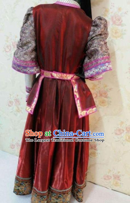 Traditional Chinese Mongol Nationality Stage Show Wine Red Dress Mongolian Ethnic Dance Costume for Women