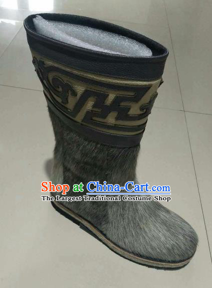 Chinese Traditional Mongol Nationality Grey Fur Boots Mongolian Ethnic Leather Riding Boots for Men