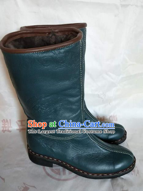 Chinese Traditional Mongol Nationality Green Boots Mongolian Ethnic Leather Riding Boots for Men