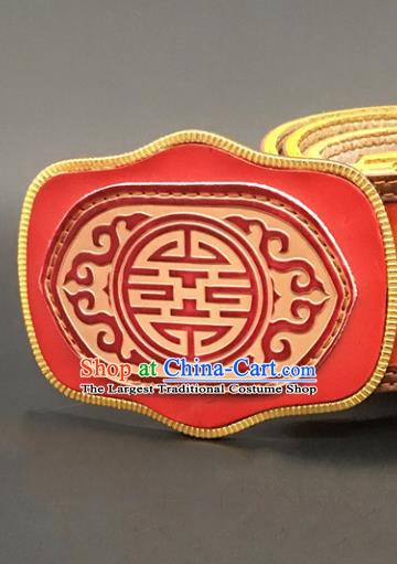 Traditional Chinese Mongol Nationality Red Leather Belt Mongolian Ethnic Waistband for Men