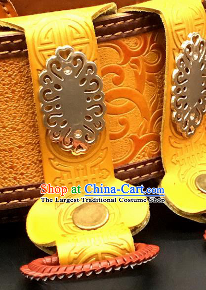 Traditional Chinese Mongol Nationality Yellow Leather Belt Mongolian Ethnic Waistband for Men