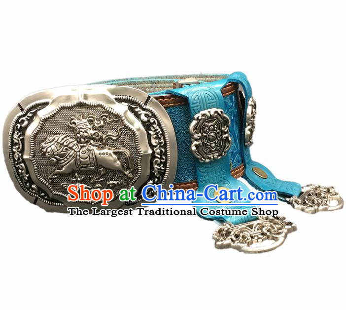 Traditional Chinese Mongol Nationality Blue Leather Belt Mongolian Ethnic Cupronickel Waistband for Men