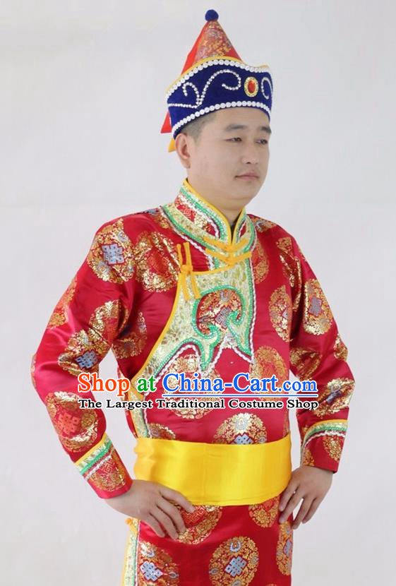 Chinese Traditional Mongol Nationality Red Costumes Mongolian Ethnic Dance Robe for Men
