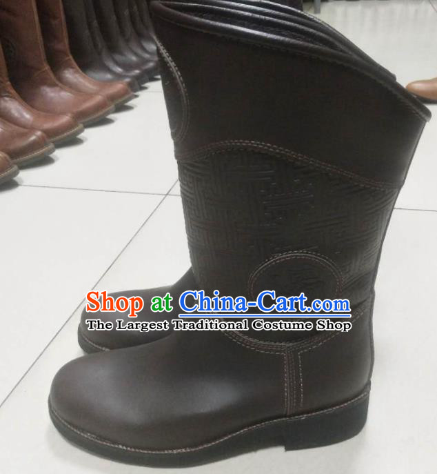 Chinese Traditional Mongol Nationality Deep Brown Boots Mongolian Ethnic Leather Riding Boots for Men