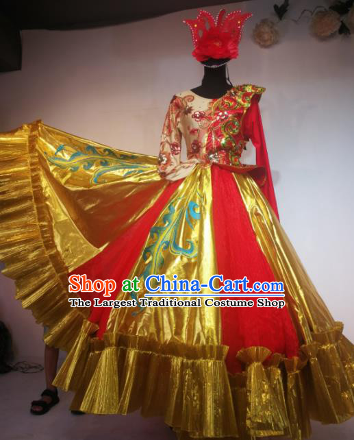 Traditional Chinese Spring Festival Gala Dance Golden Dress Opening Dance Stage Show Costume for Women