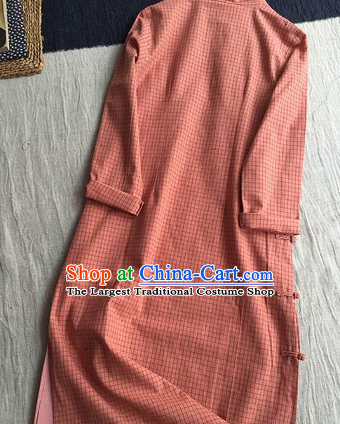 Chinese Traditional Tang Suit Rust Red Linen Cheongsam National Costume Qipao Dress for Women