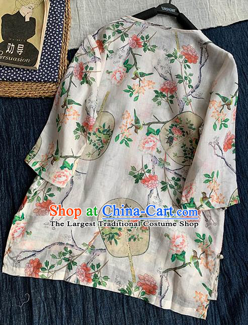 Chinese Traditional Tang Suit Printing Fan White Ramie Blouse National Upper Outer Garment Costume for Women