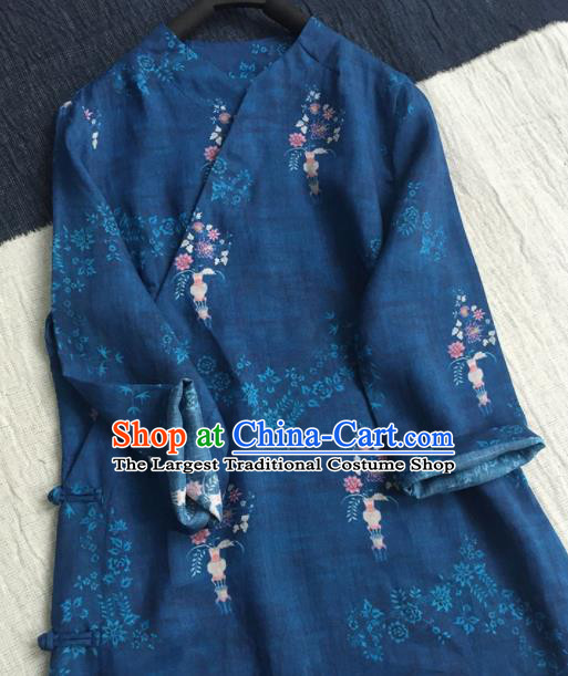 Chinese Traditional Tang Suit Printing Deep Blue Ramie Cheongsam National Costume Qipao Dress for Women