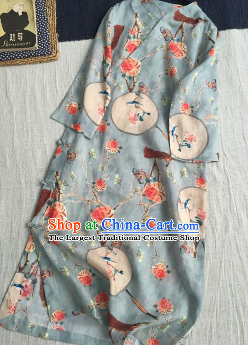 Chinese Traditional Tang Suit Printing Peony Light Blue Ramie Cheongsam National Costume Qipao Dress for Women